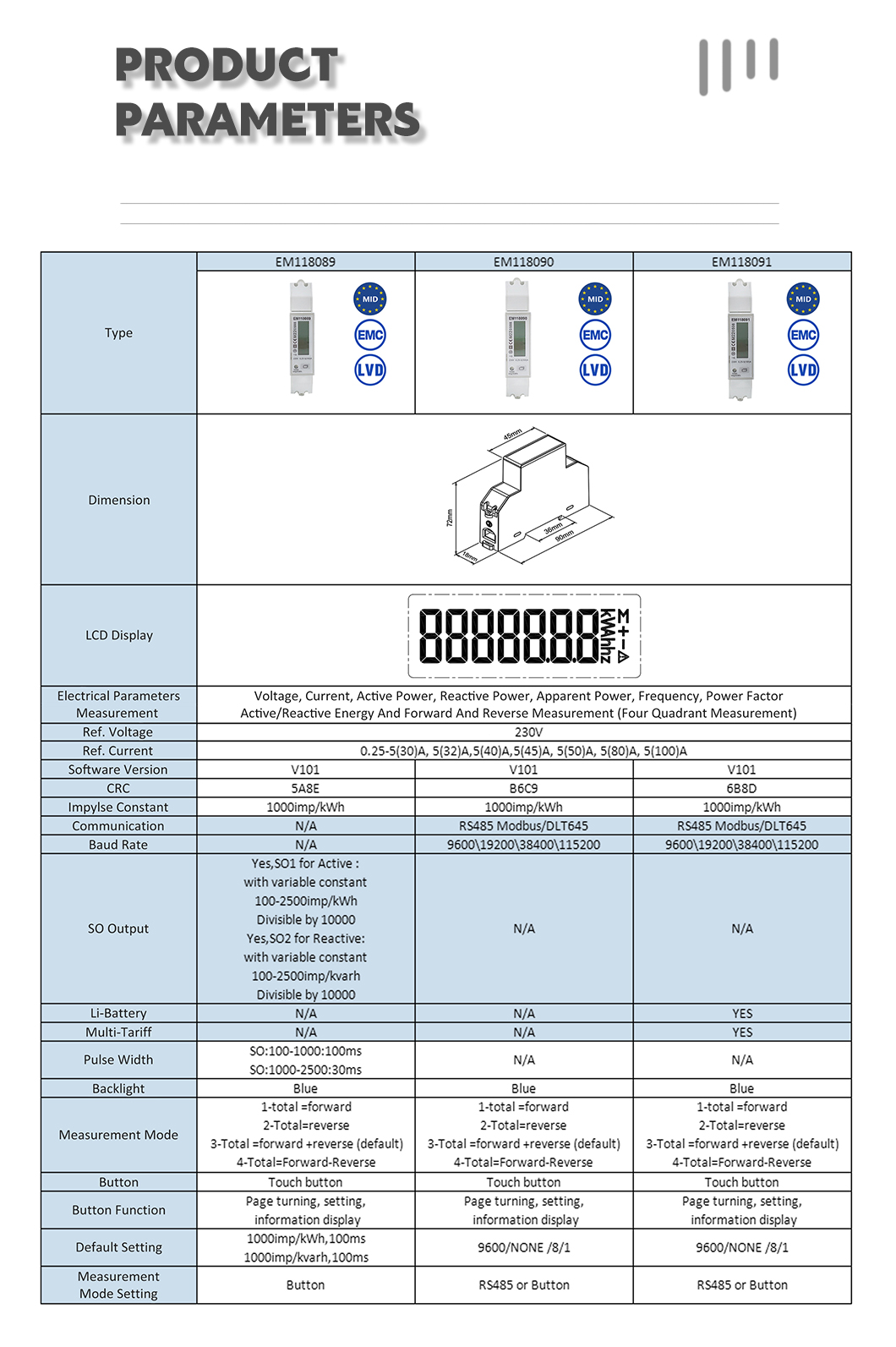 MID B+D Single Phase Multi-function Bi directional Energy Meter RS485 Modbus